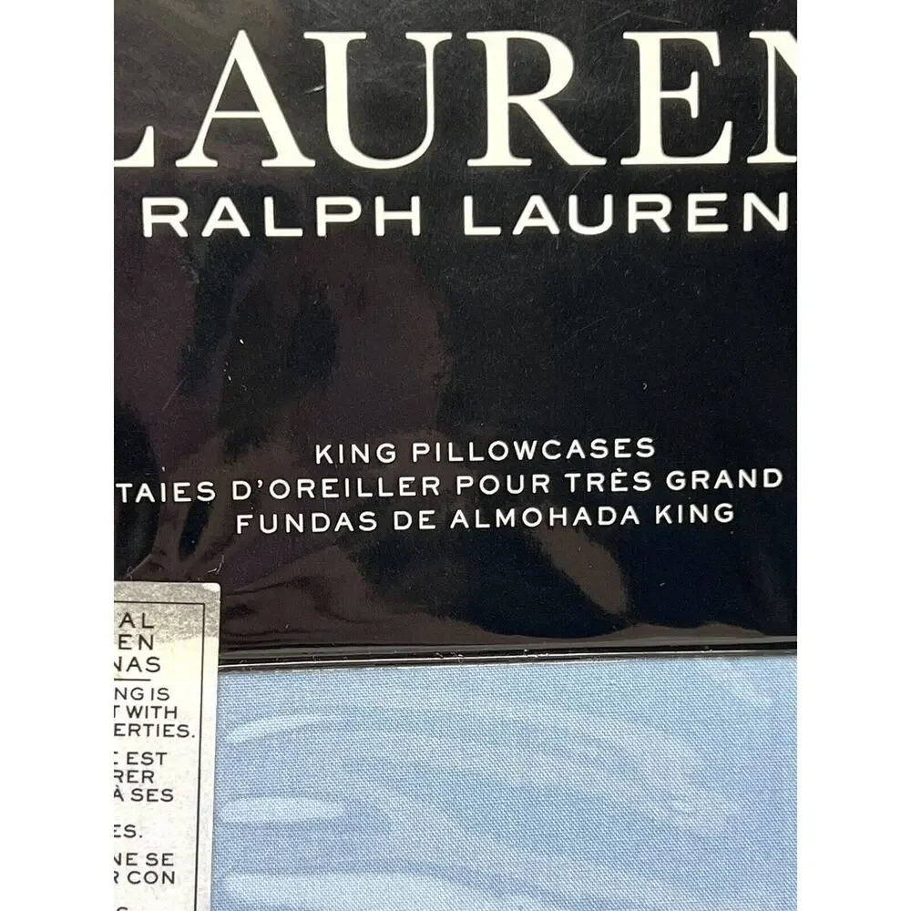 Ralph Lauren SLOANE King Sz Pillowcases Antimicrobial Light Blue Cotton Percale